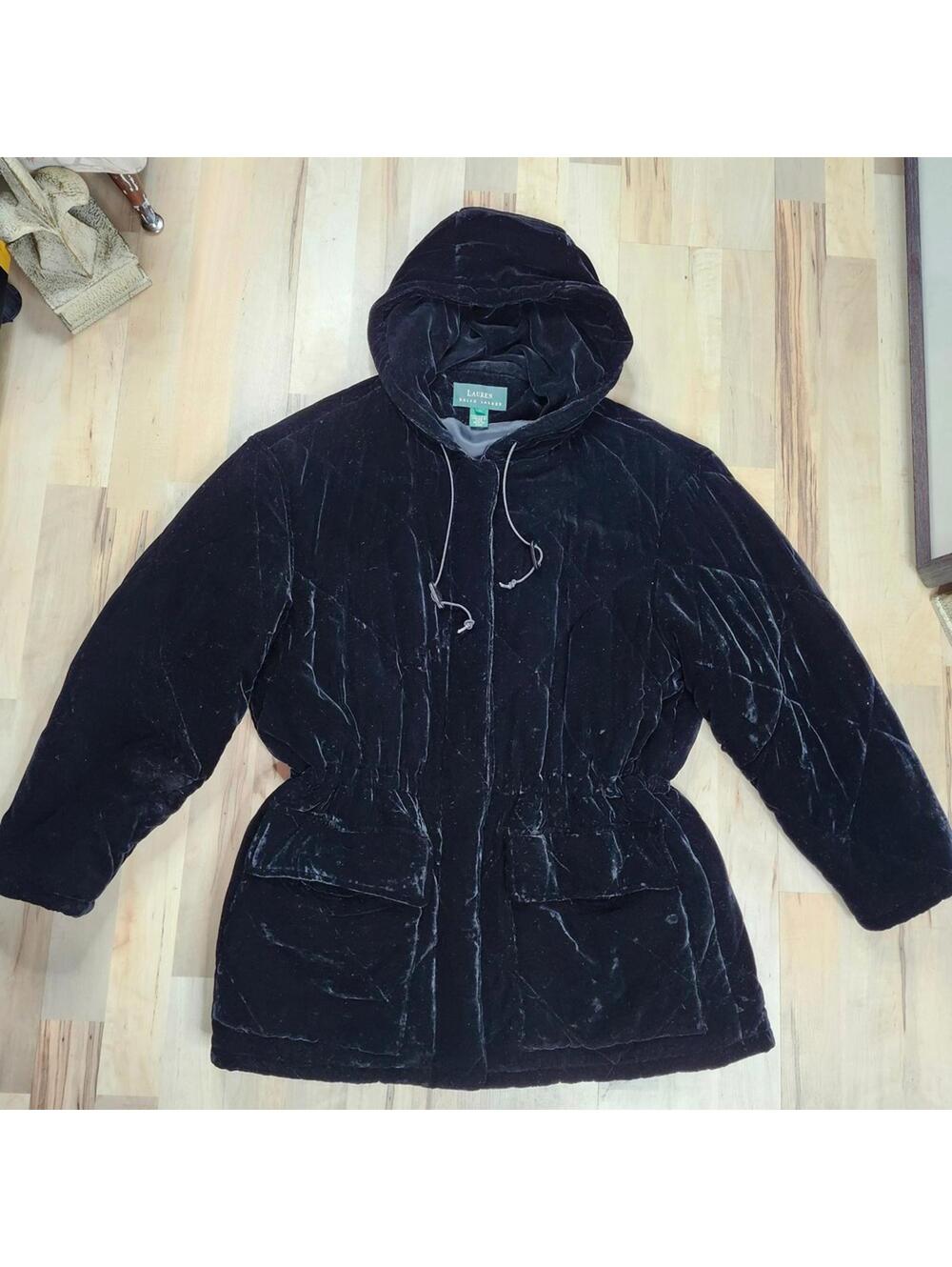 Lauren Ralph Lauren Silk Velvet Blend Coat Quilted Hooded Drawstring Waist M